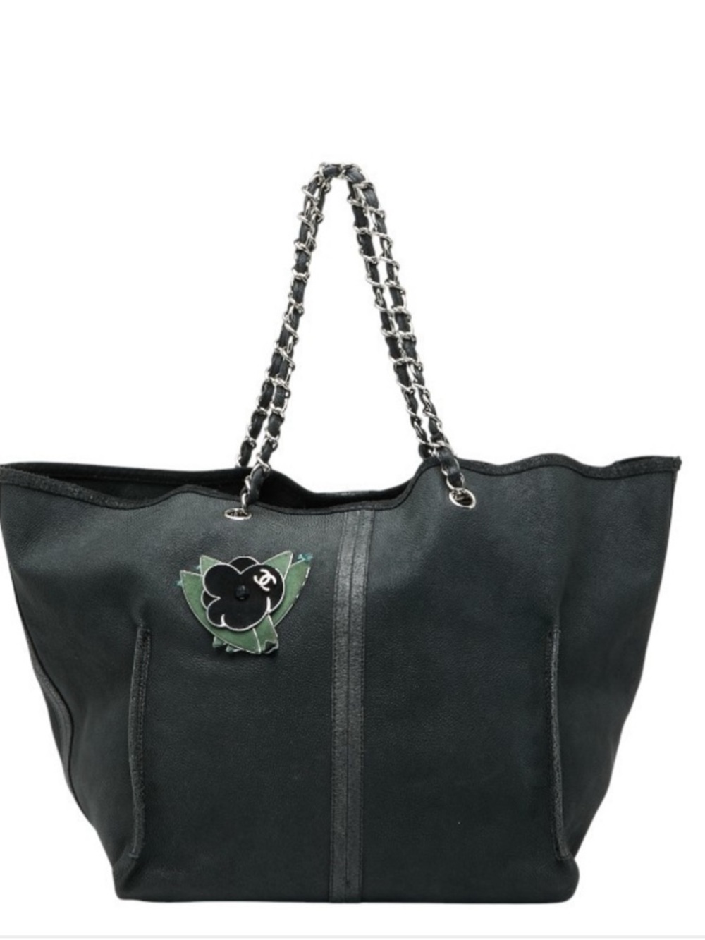 CHANEL Camellia Chain Tote Bag in Black and Green Caviar Leather